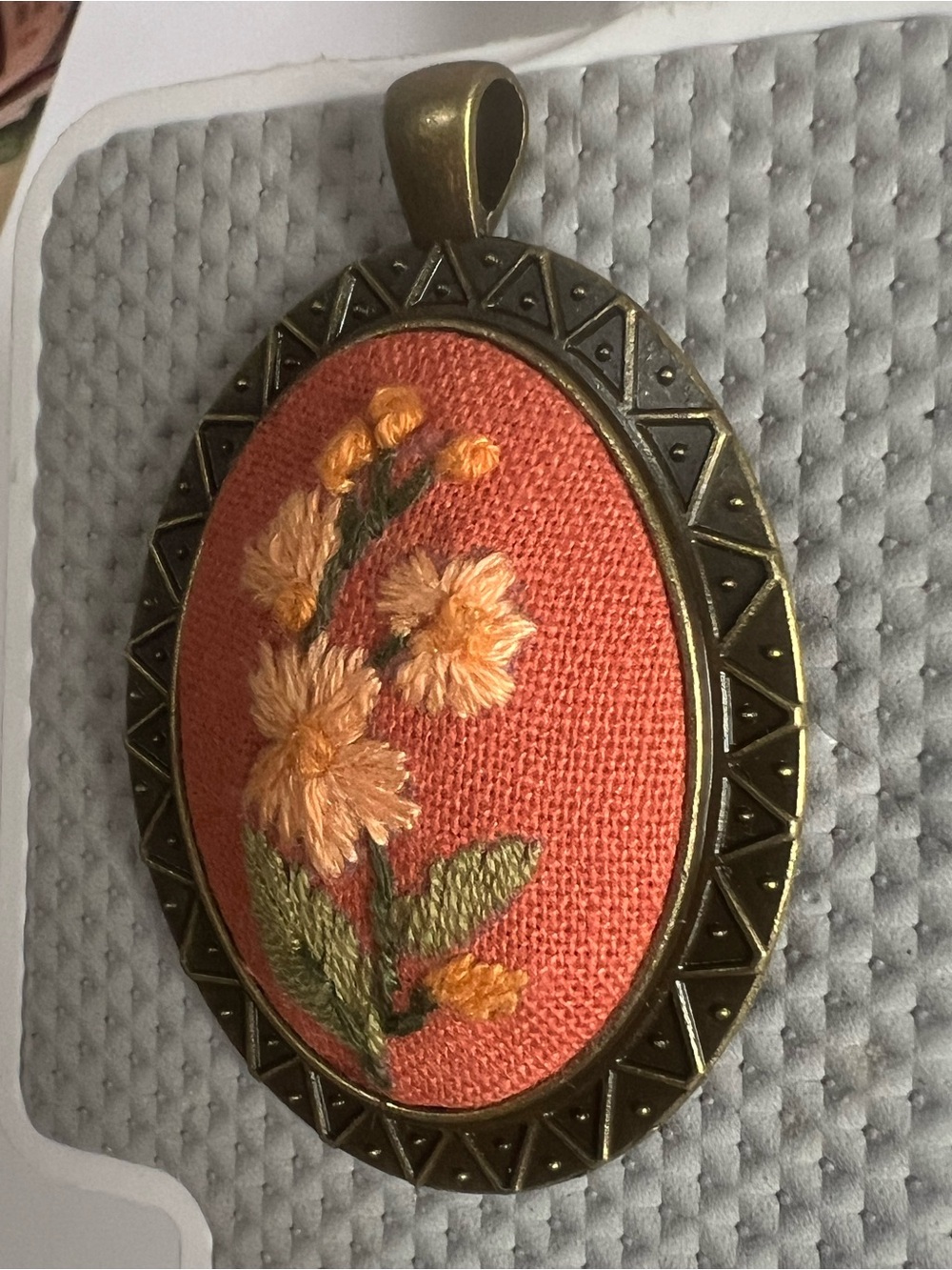 Hand-Embroidered Orange Floral Pendant Necklace NWOT